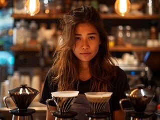 Portrait of a young Asian female barista standing behind a counter in a coffee shop