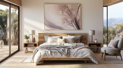 Modern bedroom with a large bed, two bedside tables, a painting, a rug, a chair and a potted plant