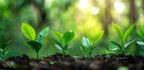 A photo of young plants sprouting from rich soil, symbolizing growth and new beginnings in the environmental theme