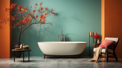 Bathroom interior with a modern bathtub, a stylish chair, and a beautiful plant