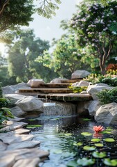 Fototapeta na wymiar landscaping with large rocks and a small waterfall