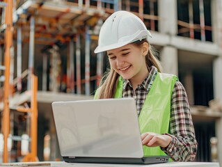 Smiling girl in white helmet and green vest at construction site with laptop
