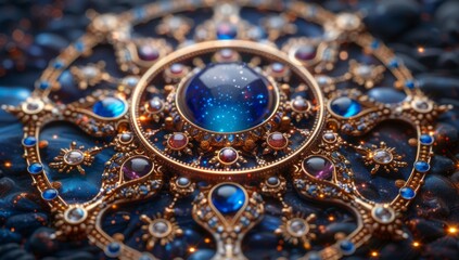 Cosmic Fractal Design with Intricate Circular Patterns and Gemstone Elements