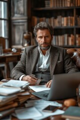 Confident mature businessman sitting in a leather chair in a home library.
