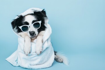 A black and white dog is wearing sunglasses and wrapped in a towel - Powered by Adobe