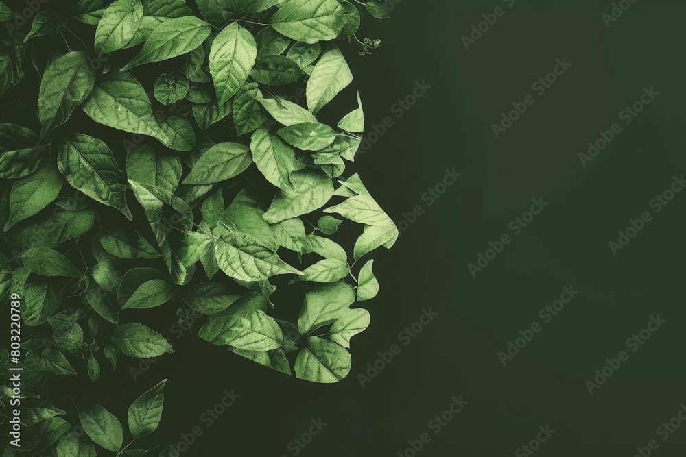 Poster human face silhouette made of green leaves nature connection concept minimalist forest illustration