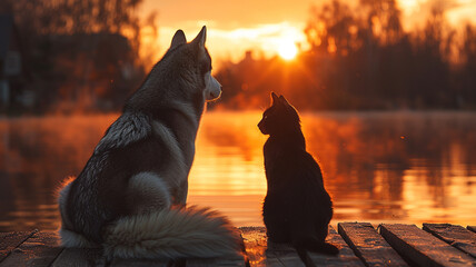 A majestic Siberian husky and a sleek black cat sitting side by side on a wooden dock, watching the sun set over a serene lake. - Powered by Adobe