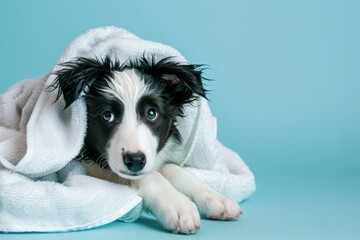 A black and white dog comfortably lying on top of a towel - Powered by Adobe