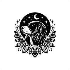 dog, Cavalier Spaniel silhouette in bohemian, boho, nature illustration