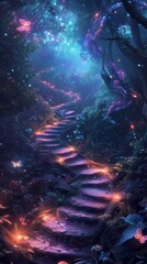 Naklejka premium Mystical Glowing Forest Path with Stairs