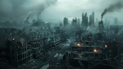 A post-apocalyptic city in ruins with smoke and debris everywhere