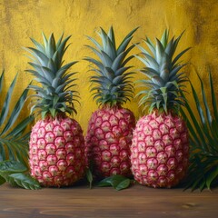 Three pink pineapples on a wooden table with palm leaves against a yellow background