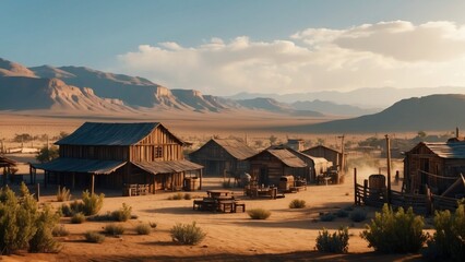 Image, realism, wooden houses on the desert in the background of the mountain