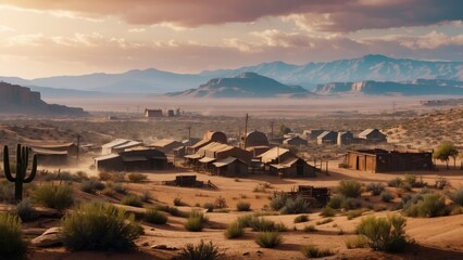 Image, realism, wooden houses on the desert in the background of the mountain