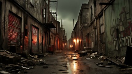 A dark and gloomy alleyway with graffiti on the walls and trash on the ground