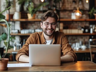 Happy male freelancer working on laptop at cafe with copy space