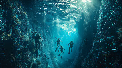 people swimming in an ocean full of plastic bottles,generative ai