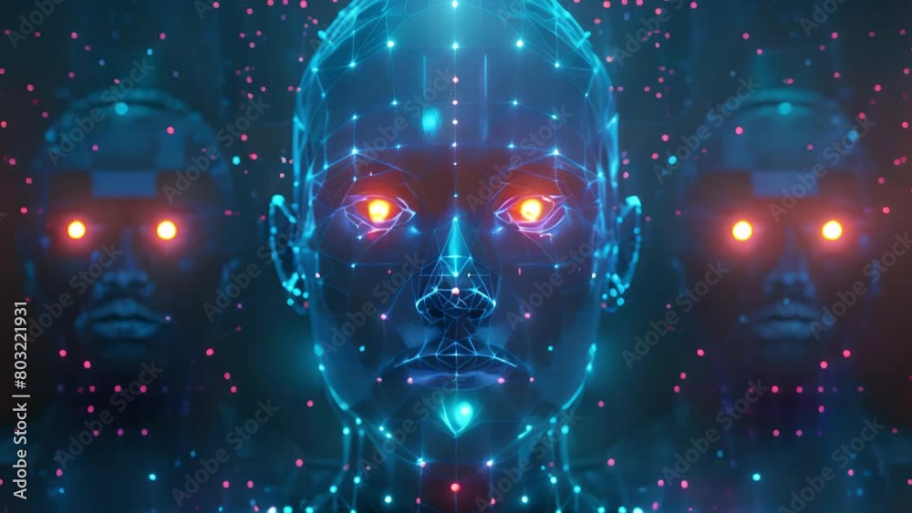 Poster three digital ai faces with red glowing eyes signify futuristic technology.