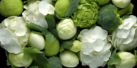 close-up of a variety of green and white vegetables and flowers
