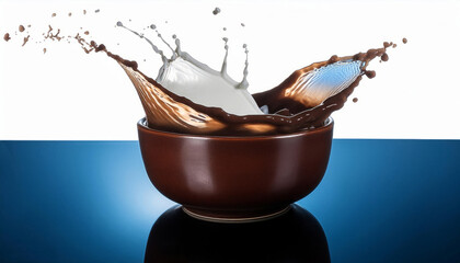 Milk splash on dark chocolate bar, isolated on white background