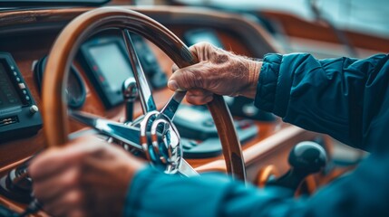 Close-up photo of an elderly man's hands steering a wooden boat wheel, dressed in a blue jacket.