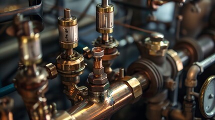 Close-up view of intricate industrial piping and valves showcasing mechanical details and textures.