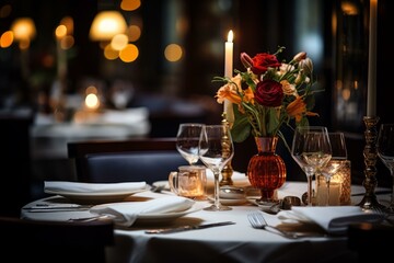 Candlelit dinner table with a vase of flowers