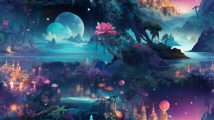 Fantasy landscape with floating islands and bio-luminescent plants