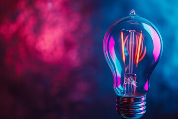 The light bulb glowed with neon light on a dark background in a close up shot A creative idea and concept of innovation Copy space Generative AI - Powered by Adobe