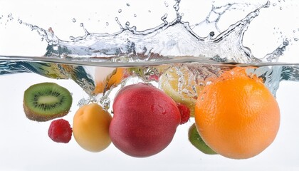 Splash of water on a medley of mixed fresh organic ripe fruits juicy, colorful, and ready to delight the senses, isolated on white background