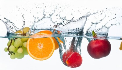 Splash of water on a medley of mixed fresh organic ripe fruits juicy, colorful, and ready to delight the senses, isolated on white background