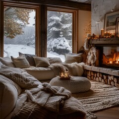 A cozy living room, featuring a crackling fireplace, plush blankets, and a snowfall view outside.
