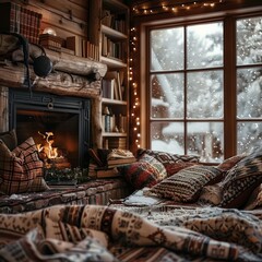 A snug living room, with a roaring fireplace, soft blankets, and a view of snowfall outside.