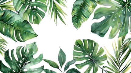 Vibrant Tropical Foliage Watercolor Banner with Lush Green Leaves and Branches