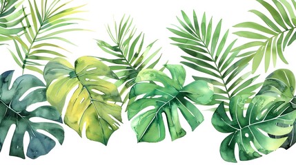 Lush Tropical Foliage with Vibrant Green Monstera and Palm Leaves in Botanical Background