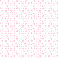 Pink seamless girly pattern with hearts and stars, isolated on white. Vector illustration. Textile, fabric, paper, wallpaper, background, backdrops, decor. 
