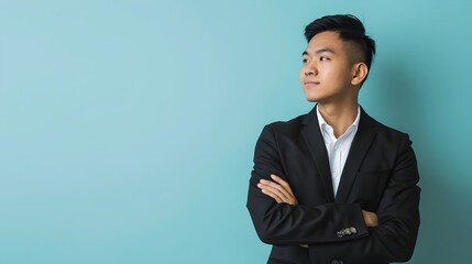 Handsome Young Southeast Asian Businessman Contemplating in Corporate Portrait Setting