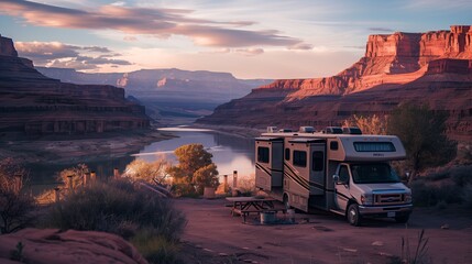 An RV parked in a serene desert location near a river at sunset, with dramatic cliffs in the...