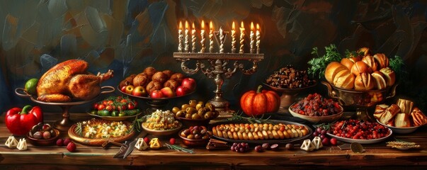 A beautiful arrangement of Hanukkah symbols, featuring a menorah, dreidels, and traditional foods.