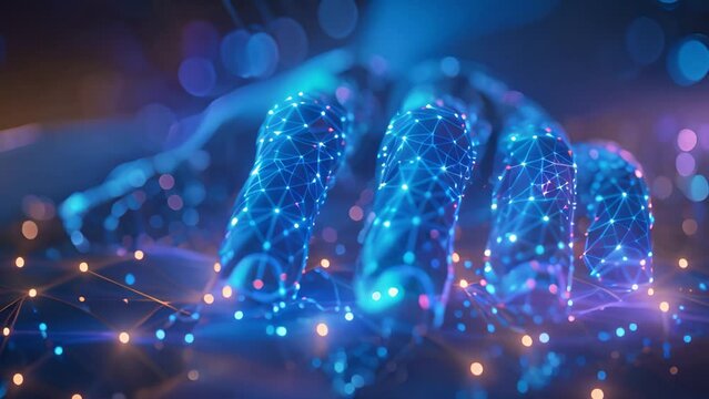 A neon blue digital handprint representing human engagement with digital networks.