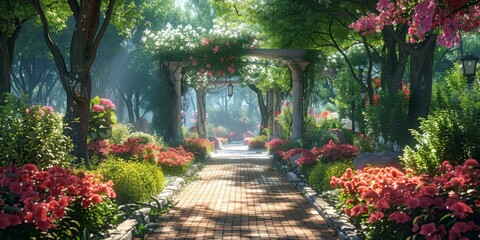 fantasy garden with pink flowers and stone path