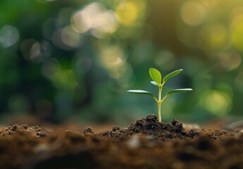 A small green sprout emerges from the soil, symbolizing new life and growth. The background is blurred to emphasize the plant's delicate beauty against the rich brown dirt