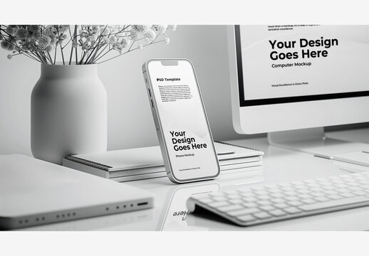 White Phone Mockup Screen Template with Computer Mockup, Flowers, Desk, Keyboard, Monitor, and Mouse - White Office Workspace Minimalistic Concept