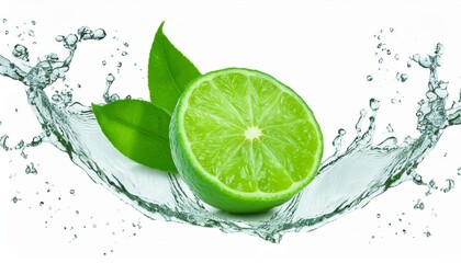 Vibrant splash of water on citrus fruits, lime, lemon, creates a refreshing scene. Isolated on a clean white background