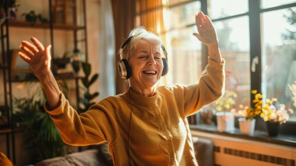 A woman in a yellow sweater is dancing and smiling while wearing headphones