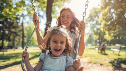 A woman and a little girl are swinging on a swing in a park
