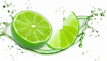 Vibrant splash of water on citrus fruits, lime, lemon, creates a refreshing scene. Isolated on a clean white background