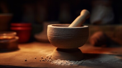 Mortar and pestle with flour on a wooden table.