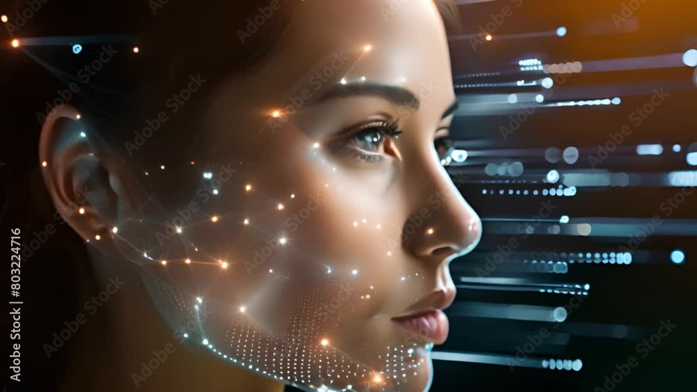 Poster A womans profile overlaid with biometric mesh and data streams.