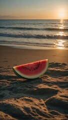 A slice of watermelon placed on the sand in front of the sea